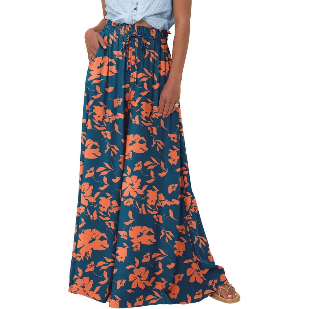 imagePRETTYGARDEN Womens 2026 Summer Wide Leg Palazzo Pants High Waisted Flowy Pockets Spring Casual Lounge Boho Beach TrousersPrint Dark Blue Orange