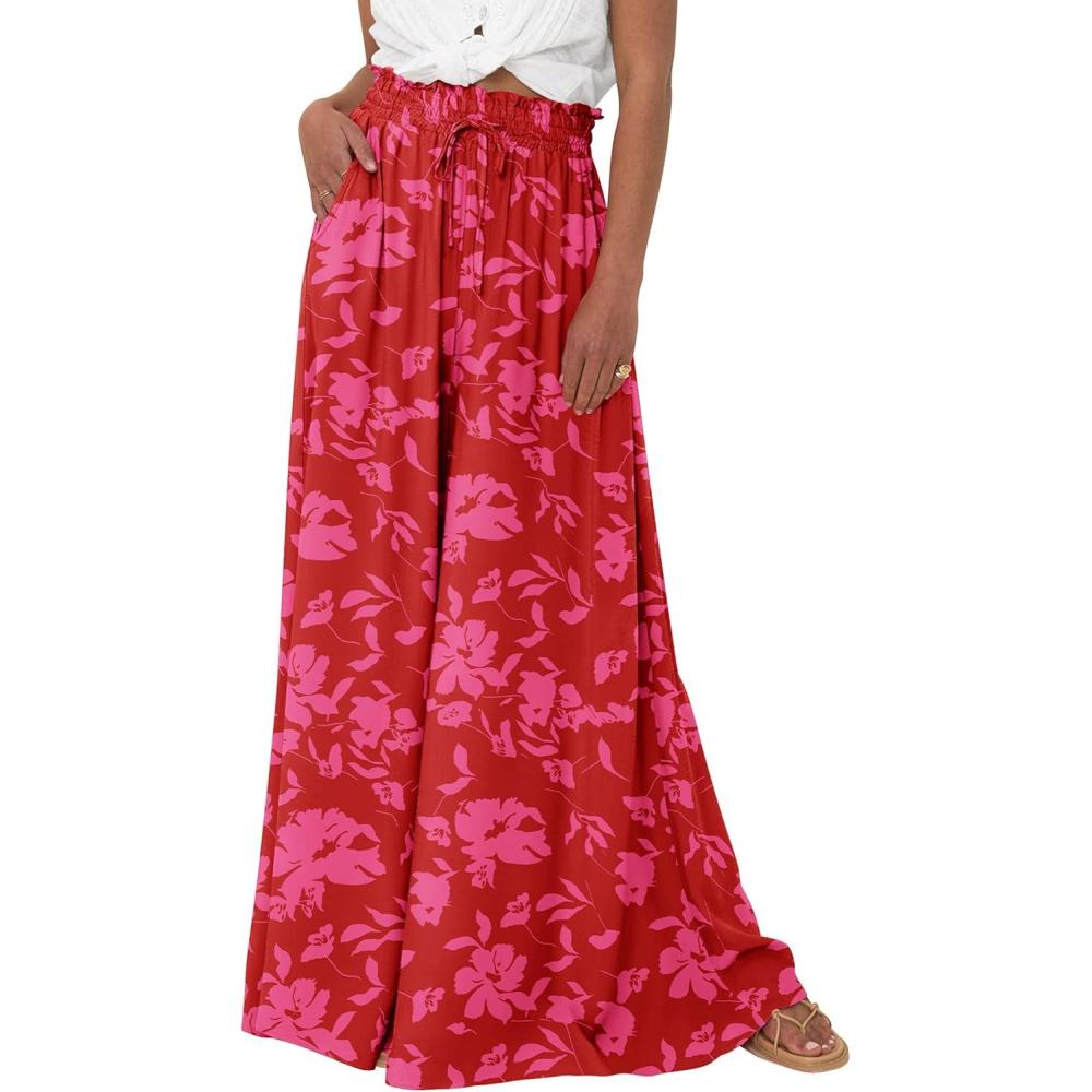 imagePRETTYGARDEN Womens 2026 Summer Wide Leg Palazzo Pants High Waisted Flowy Pockets Spring Casual Lounge Boho Beach TrousersPrint Red