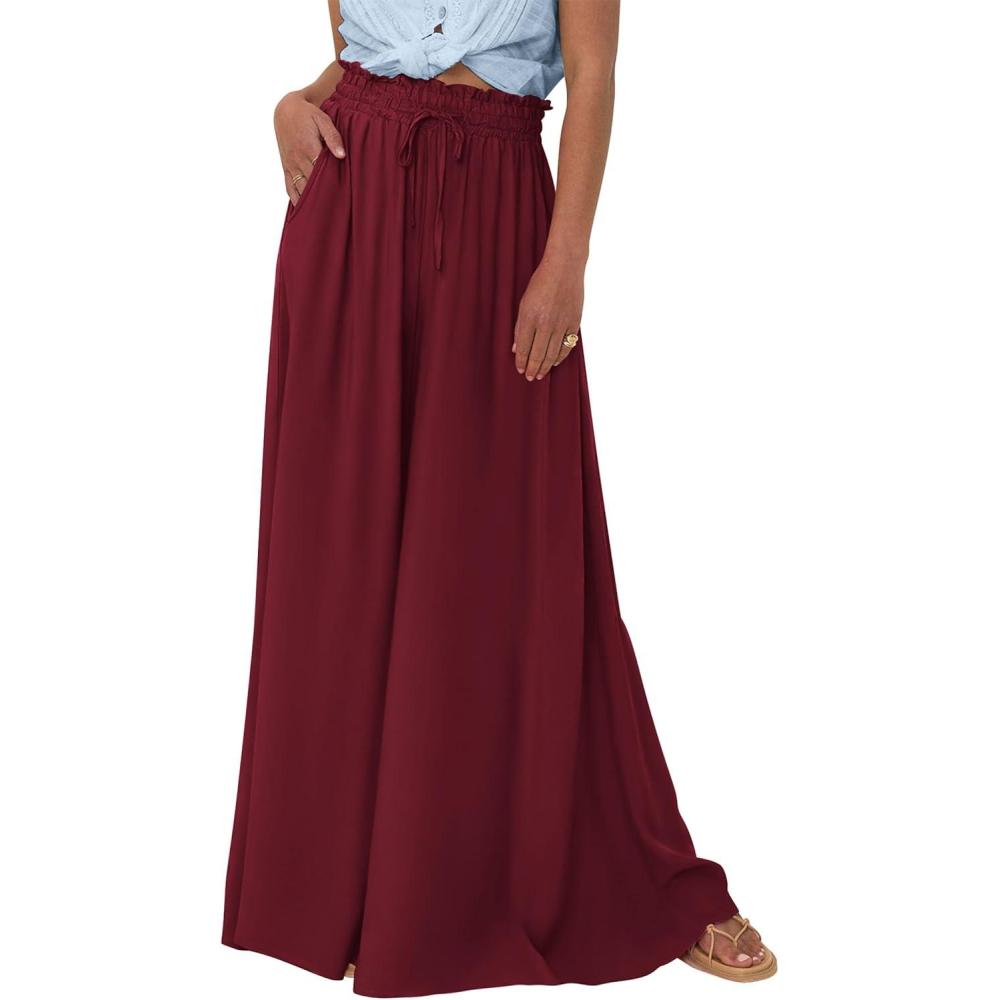 imagePRETTYGARDEN Womens 2026 Summer Wide Leg Palazzo Pants High Waisted Flowy Pockets Spring Casual Lounge Boho Beach TrousersWine Red