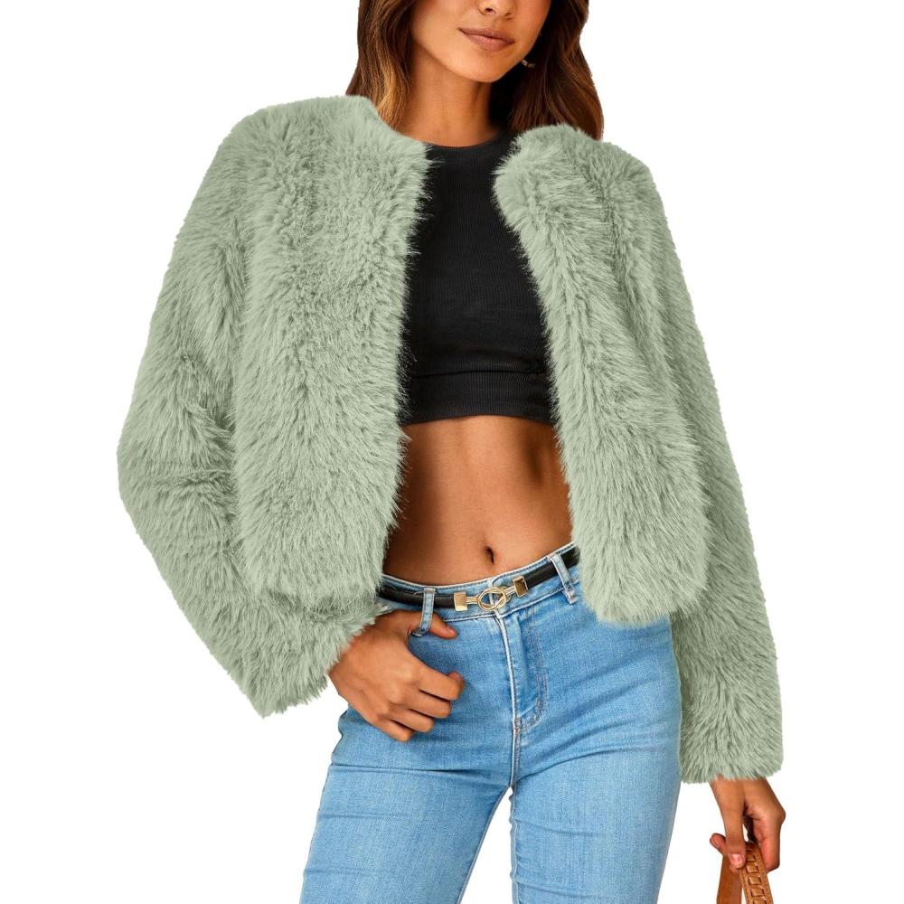 imagePRETTYGARDEN Womens 2026 Winter Coats Fleece Cropped Jacket Faux Fur Long Sleeve Pockets Shaggy Warm Outerwear Fall ClothesBean Green