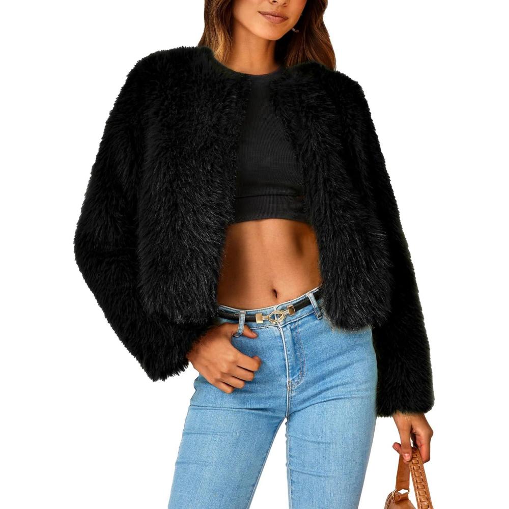 imagePRETTYGARDEN Womens 2026 Winter Coats Fleece Cropped Jacket Faux Fur Long Sleeve Pockets Shaggy Warm Outerwear Fall ClothesBlack