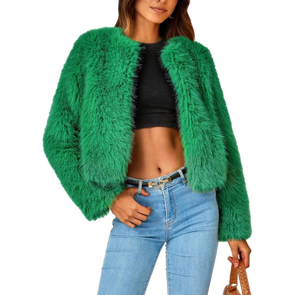 imagePRETTYGARDEN Womens 2026 Winter Coats Fleece Cropped Jacket Faux Fur Long Sleeve Pockets Shaggy Warm Outerwear Fall ClothesGreen