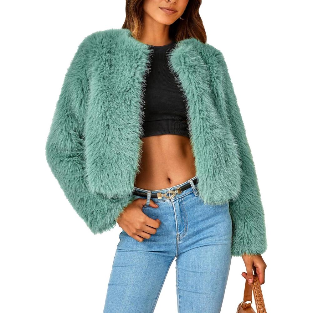 imagePRETTYGARDEN Womens 2026 Winter Coats Fleece Cropped Jacket Faux Fur Long Sleeve Pockets Shaggy Warm Outerwear Fall ClothesLight Green