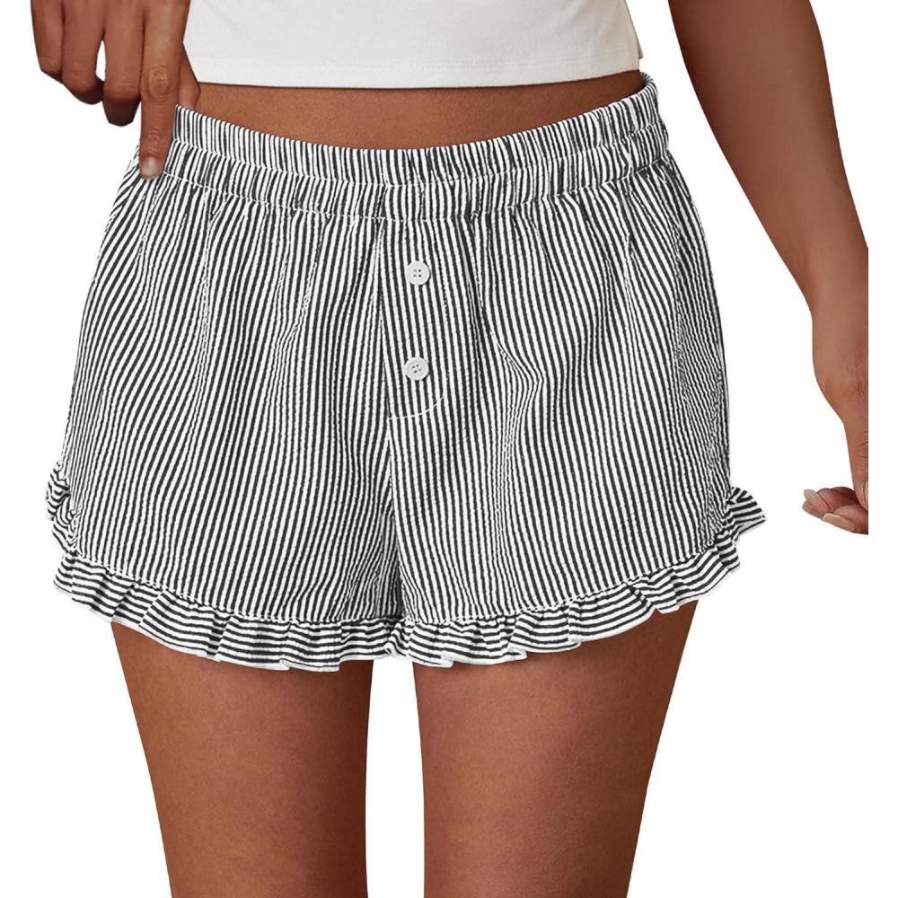 imagePRETTYGARDEN Womens Boxer Shorts Y2K Ruffle Pajama 2026 Summer Spring Lounge Sleep Striped Casual Beach Pj Bottoms PocketsStriped Black White