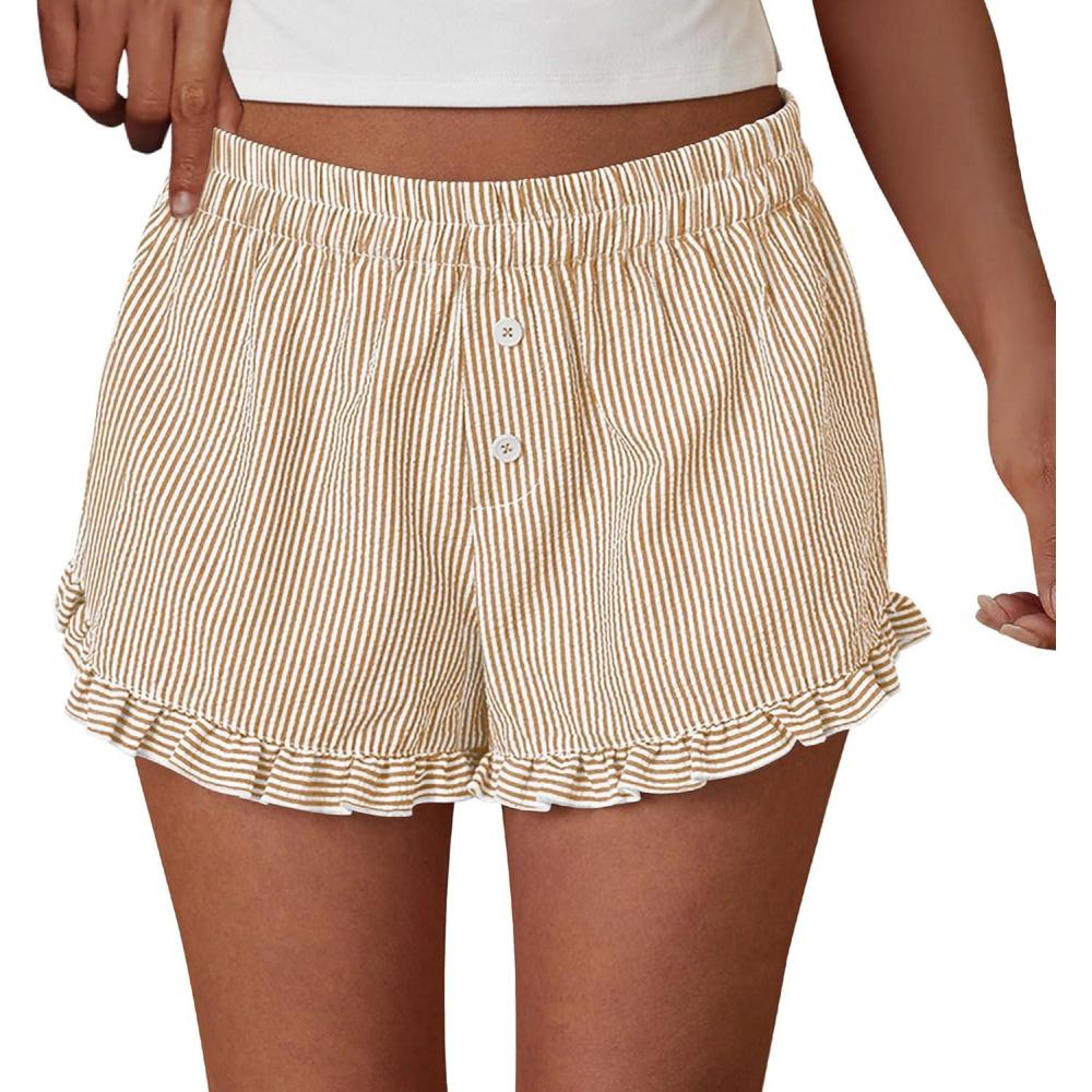 imagePRETTYGARDEN Womens Boxer Shorts Y2K Ruffle Pajama 2026 Summer Spring Lounge Sleep Striped Casual Beach Pj Bottoms PocketsStriped Brown