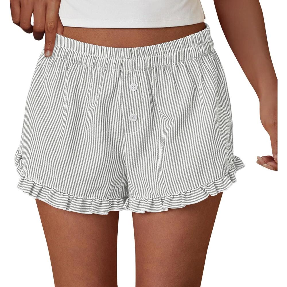imagePRETTYGARDEN Womens Boxer Shorts Y2K Ruffle Pajama 2026 Summer Spring Lounge Sleep Striped Casual Beach Pj Bottoms PocketsStriped Grey Blue
