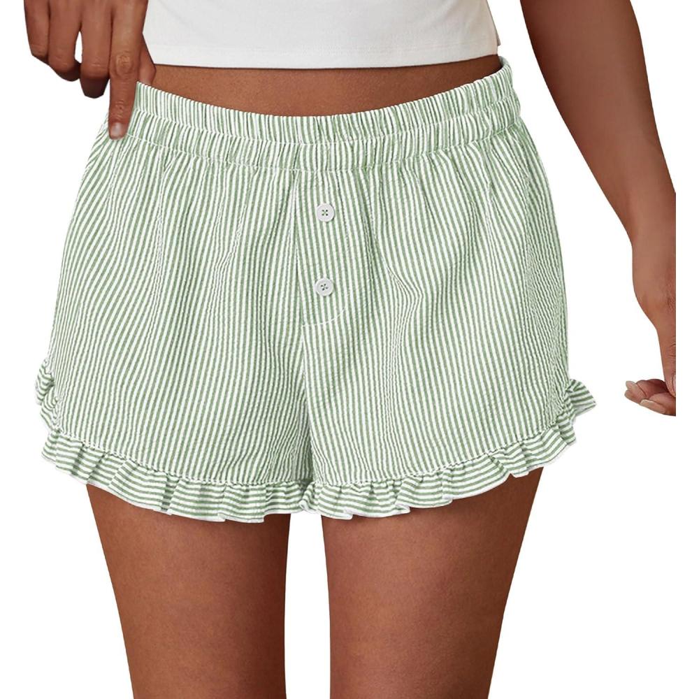imagePRETTYGARDEN Womens Boxer Shorts Y2K Ruffle Pajama 2026 Summer Spring Lounge Sleep Striped Casual Beach Pj Bottoms PocketsStriped Light Green