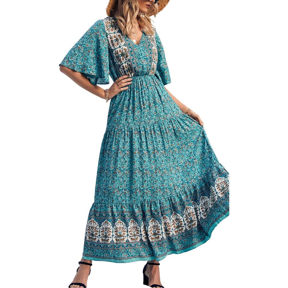 imagePRETTYGARDEN Womens Casual Summer Boho Floral Print Dress V Neck Short Sleeve High Waist Long Maxi Beach DressesBlue Floral