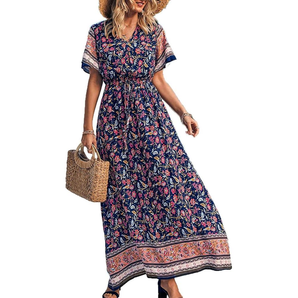 imagePRETTYGARDEN Womens Casual Summer Boho Floral Print Dress V Neck Short Sleeve High Waist Long Maxi Beach DressesNavy