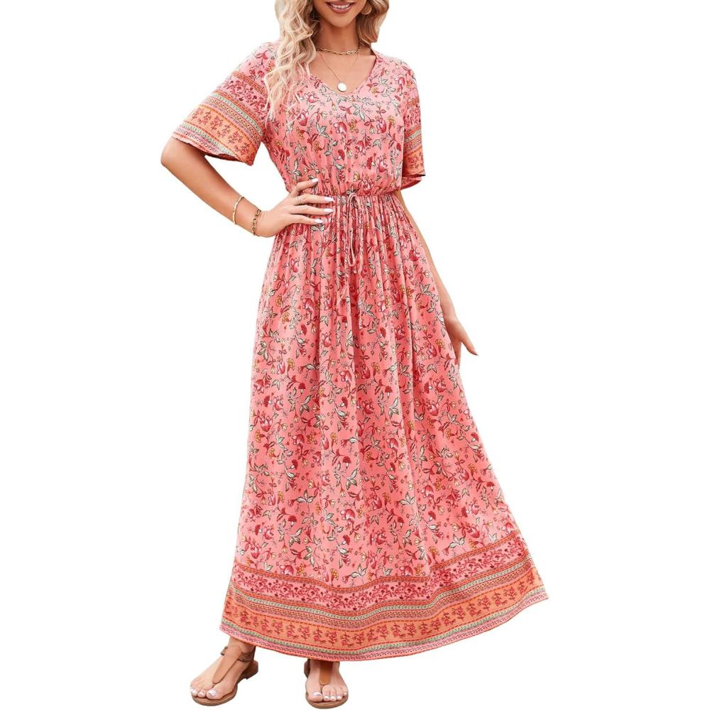imagePRETTYGARDEN Womens Casual Summer Boho Floral Print Dress V Neck Short Sleeve High Waist Long Maxi Beach DressesOrange Red Floral
