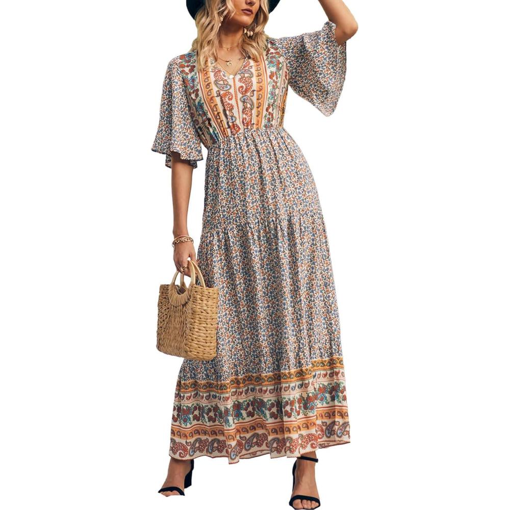 imagePRETTYGARDEN Womens Casual Summer Boho Floral Print Dress V Neck Short Sleeve High Waist Long Maxi Beach DressesWhite Floral
