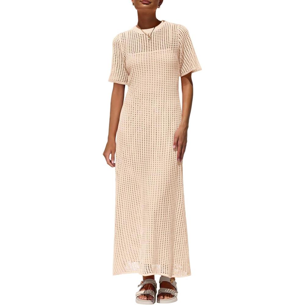 imagePRETTYGARDEN Womens Eyelet Cover Up Dress 2026 Summer Vacation Resort Maxi Dresses Beach Short Sleeve Hollow Out SundressApricot