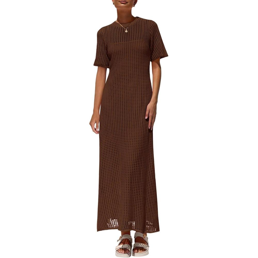 imagePRETTYGARDEN Womens Eyelet Cover Up Dress 2026 Summer Vacation Resort Maxi Dresses Beach Short Sleeve Hollow Out SundressBrown