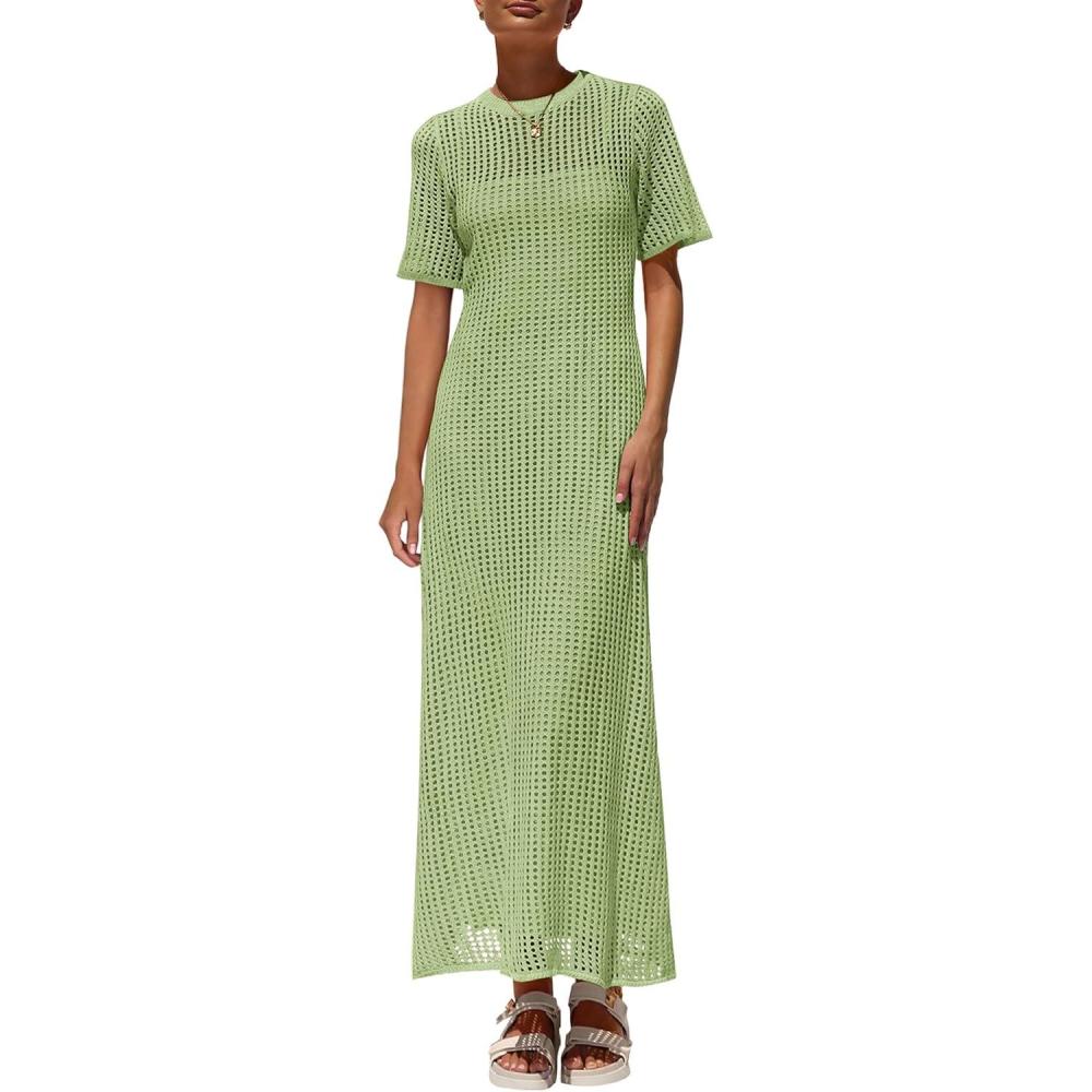 imagePRETTYGARDEN Womens Eyelet Cover Up Dress 2026 Summer Vacation Resort Maxi Dresses Beach Short Sleeve Hollow Out SundressMint Green