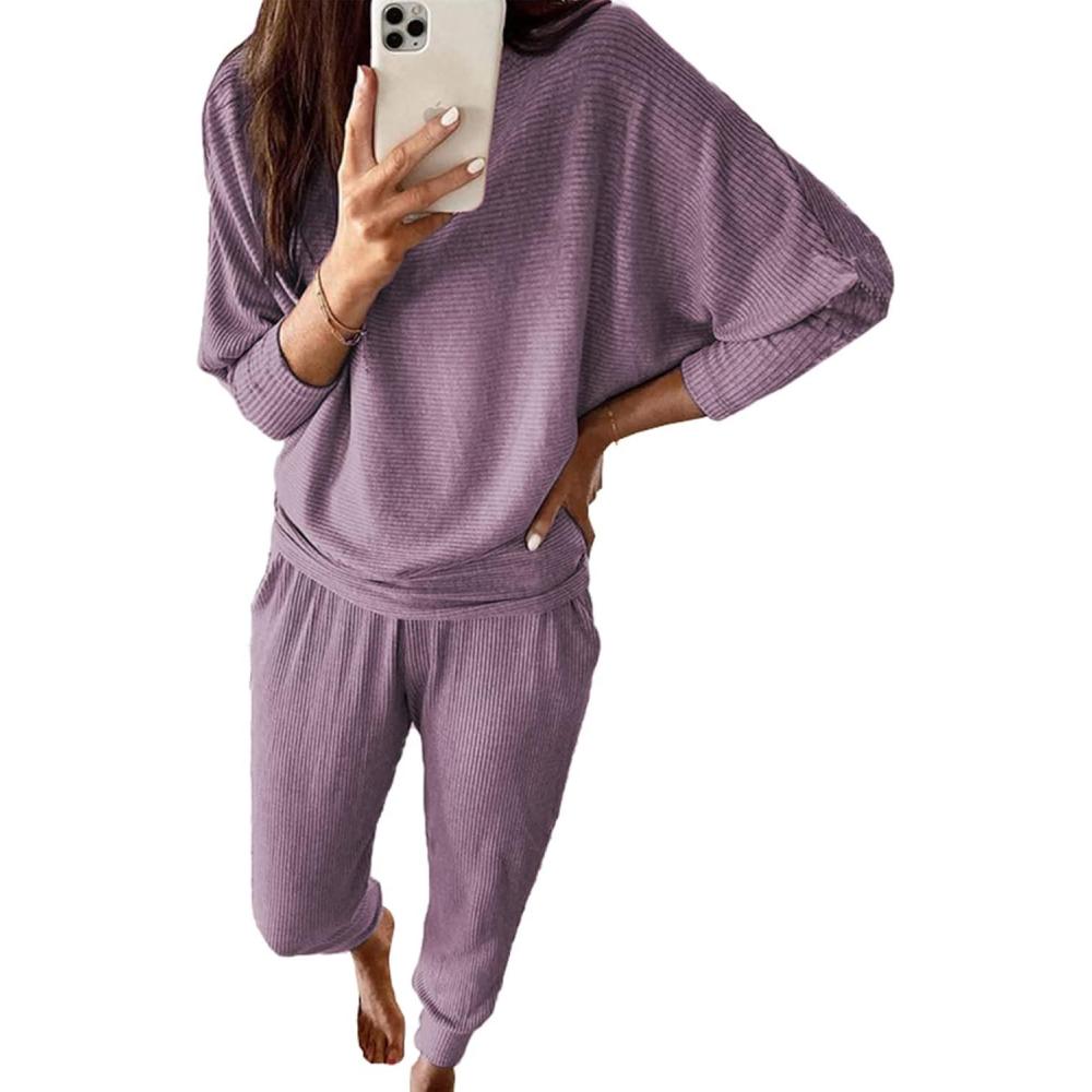 imagePRETTYGARDEN Womens Fall 2 Piece Lounge Set Long Sleeve Tops Ribbed Pants Spring Matching Sweatsuit Travel Outfits ClothesDeep Purple