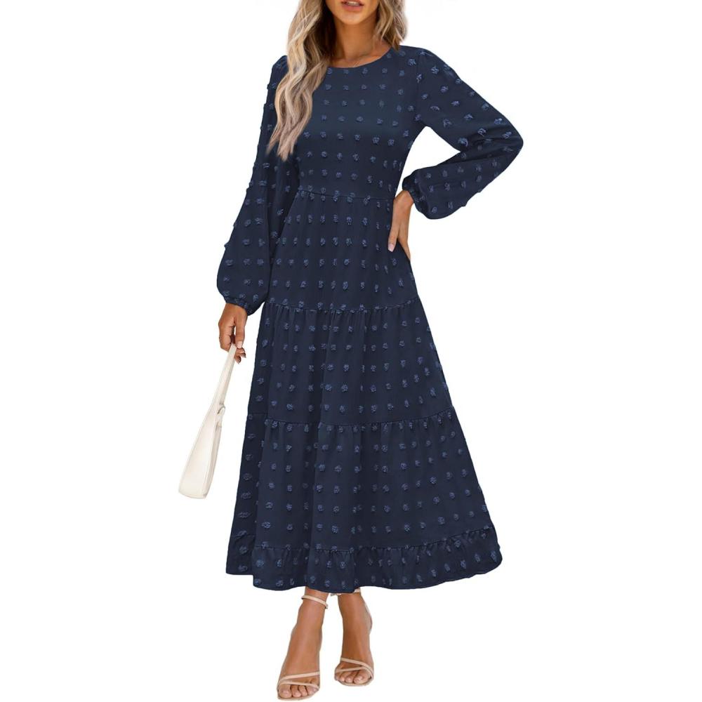 imagePRETTYGARDEN Womens Fall Spring Elegant Long Sleeve Maxi Dress Swiss Dot A Line Flowy Casual Holiday Party Going Out DressesNavy