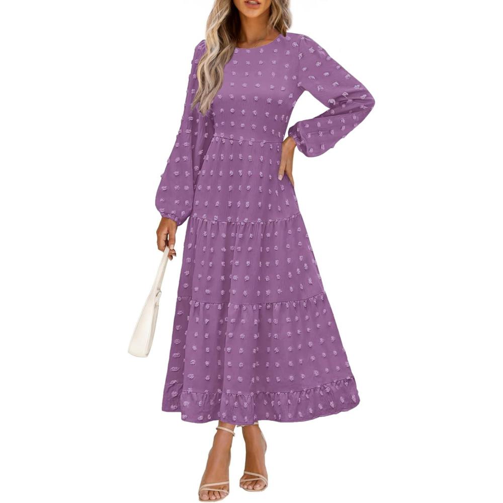 imagePRETTYGARDEN Womens Fall Spring Elegant Long Sleeve Maxi Dress Swiss Dot A Line Flowy Casual Holiday Party Going Out DressesPurple