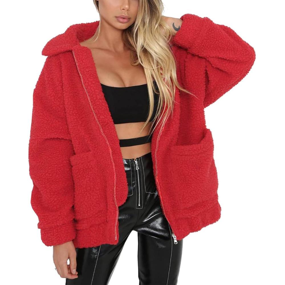 imagePRETTYGARDEN Womens Fashion Winter Coats Sherpa Fleece Faux Fur Shearling Oversized Trendy Jackets Warm Outerwear ClothingRed