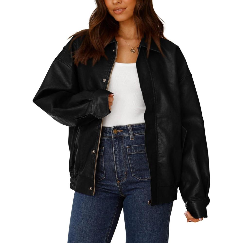 imagePRETTYGARDEN Womens Faux Leather Motorcycle Jacket Trendy Fall Spring Clothes Oversized Zip Up Winter Coat OuterwearBlack