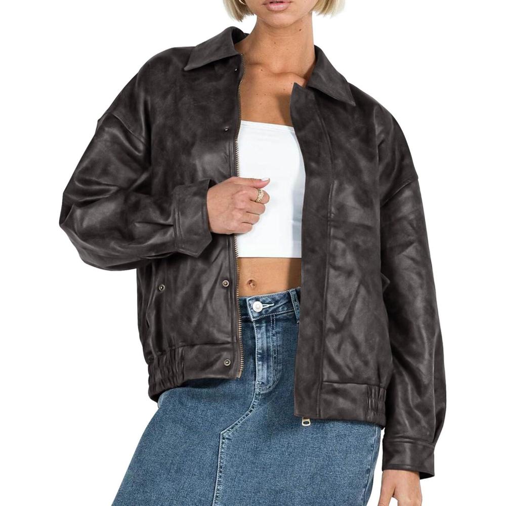 imagePRETTYGARDEN Womens Faux Leather Motorcycle Jacket Trendy Fall Spring Clothes Oversized Zip Up Winter Coat OuterwearStyle2black Grey