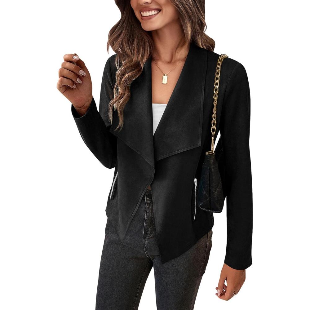 imagePRETTYGARDEN Womens Faux Suede Jackets 2025 Fashion Fall Clothes Long Sleeve Open Front Cropped Coat Outwear