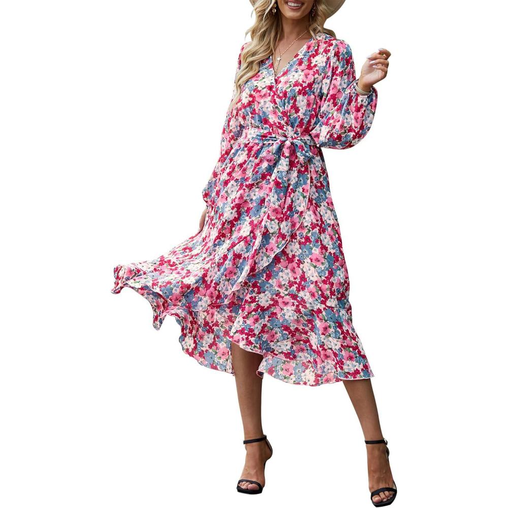 imagePRETTYGARDEN Womens Floral Boho Dress Fall Long Sleeve Wrap V Neck Ruffle Flowy Maxi Spring Wedding Guest Vacation DressesFloral Pink