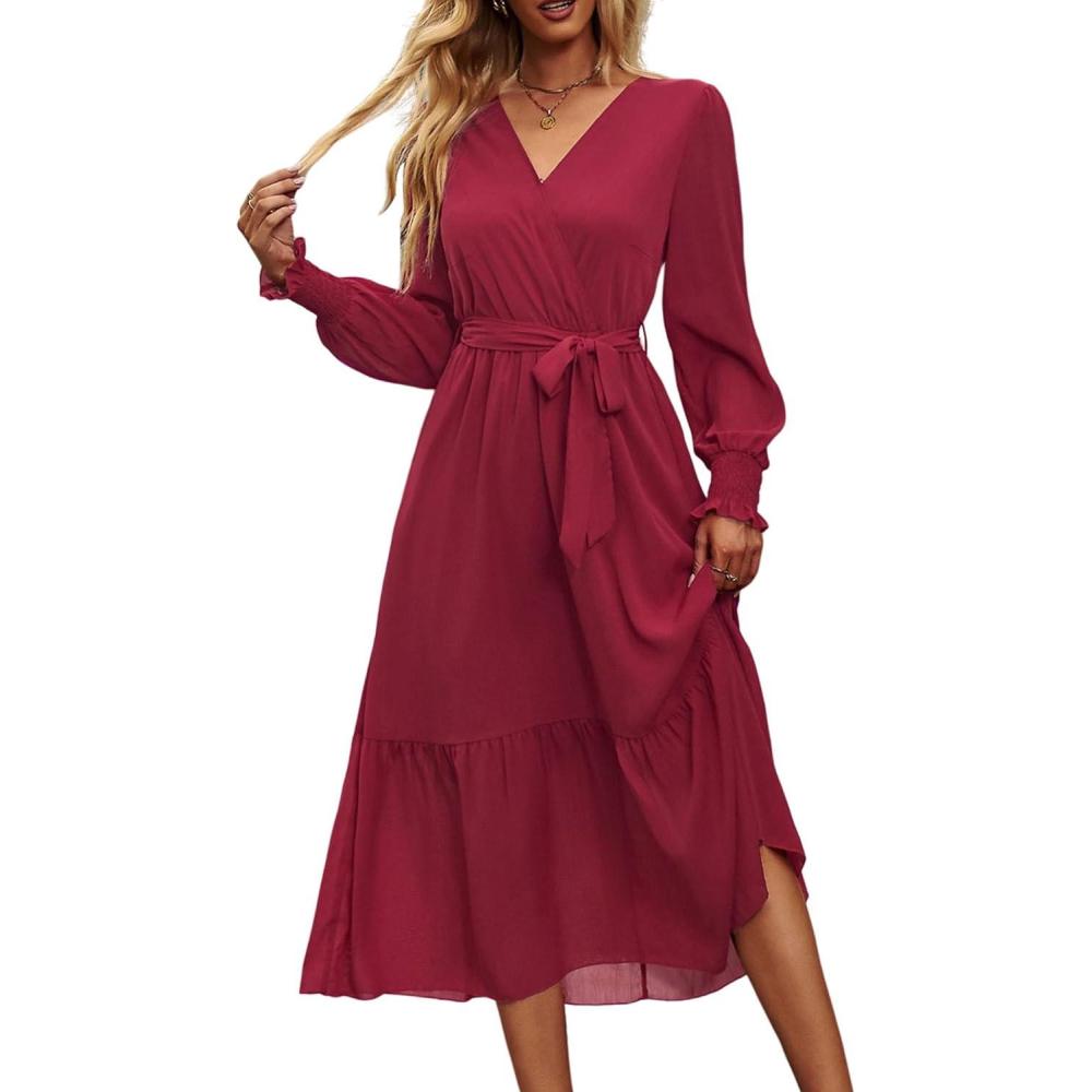 imagePRETTYGARDEN Womens Floral Boho Dress Fall Long Sleeve Wrap V Neck Ruffle Flowy Maxi Spring Wedding Guest Vacation DressesSolid Wine Red