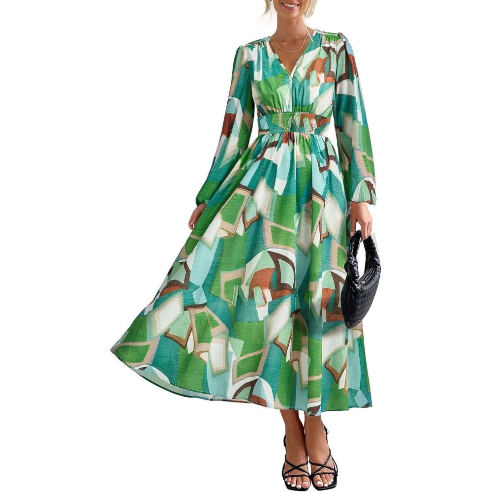 imagePRETTYGARDEN Womens Floral Midi Dress Casual Fall V Neck Long Sleeve Flowy Spring Beach Wedding Guest Vacation DressesGreen
