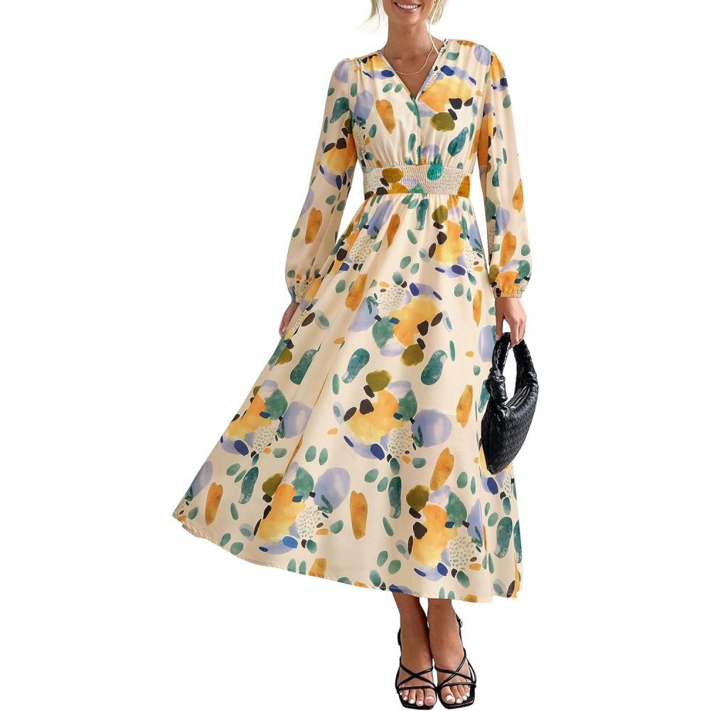 imagePRETTYGARDEN Womens Floral Midi Dress Casual Fall V Neck Long Sleeve Flowy Spring Beach Wedding Guest Vacation DressesGreen Floral
