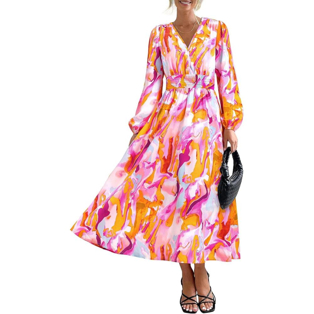 imagePRETTYGARDEN Womens Floral Midi Dress Casual Fall V Neck Long Sleeve Flowy Spring Beach Wedding Guest Vacation DressesMulticolored Print