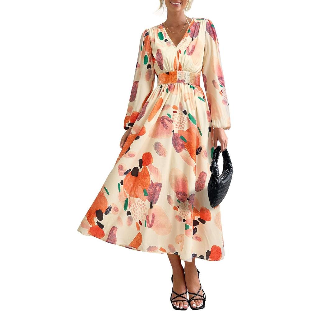 imagePRETTYGARDEN Womens Floral Midi Dress Casual Fall V Neck Long Sleeve Flowy Spring Beach Wedding Guest Vacation DressesOrange Watercolour