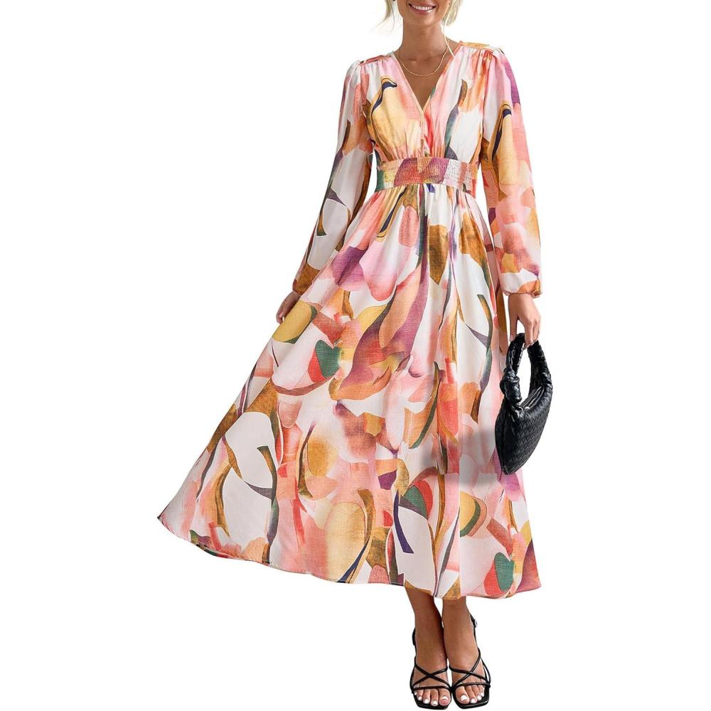 imagePRETTYGARDEN Womens Floral Midi Dress Casual Fall V Neck Long Sleeve Flowy Spring Beach Wedding Guest Vacation DressesPink Watercolour