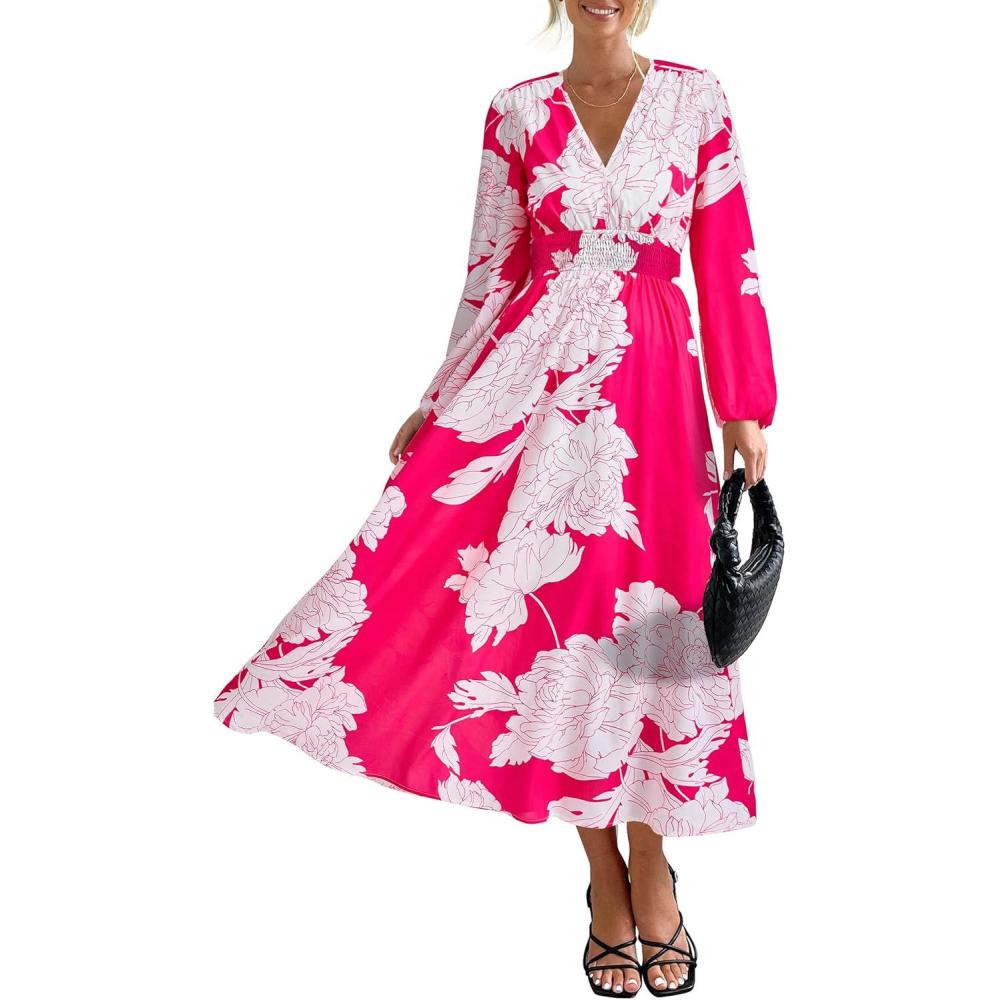imagePRETTYGARDEN Womens Floral Midi Dress Casual Fall V Neck Long Sleeve Flowy Spring Beach Wedding Guest Vacation DressesRose Red Floral