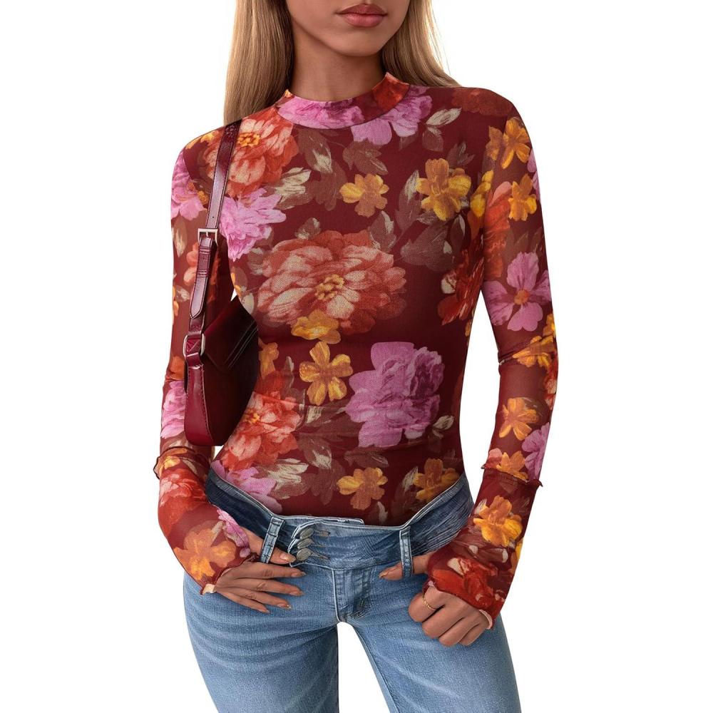 imagePRETTYGARDEN Womens Long Sleeve Going Out Tops 2026 Spring Y2K Clothes Mesh Floral Fitted Shirts Date Night OutfitFloral Brown Orange