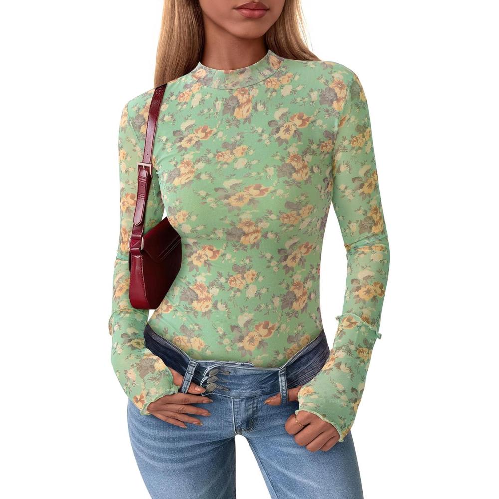 imagePRETTYGARDEN Womens Long Sleeve Going Out Tops 2026 Spring Y2K Clothes Mesh Floral Fitted Shirts Date Night OutfitFloral Green