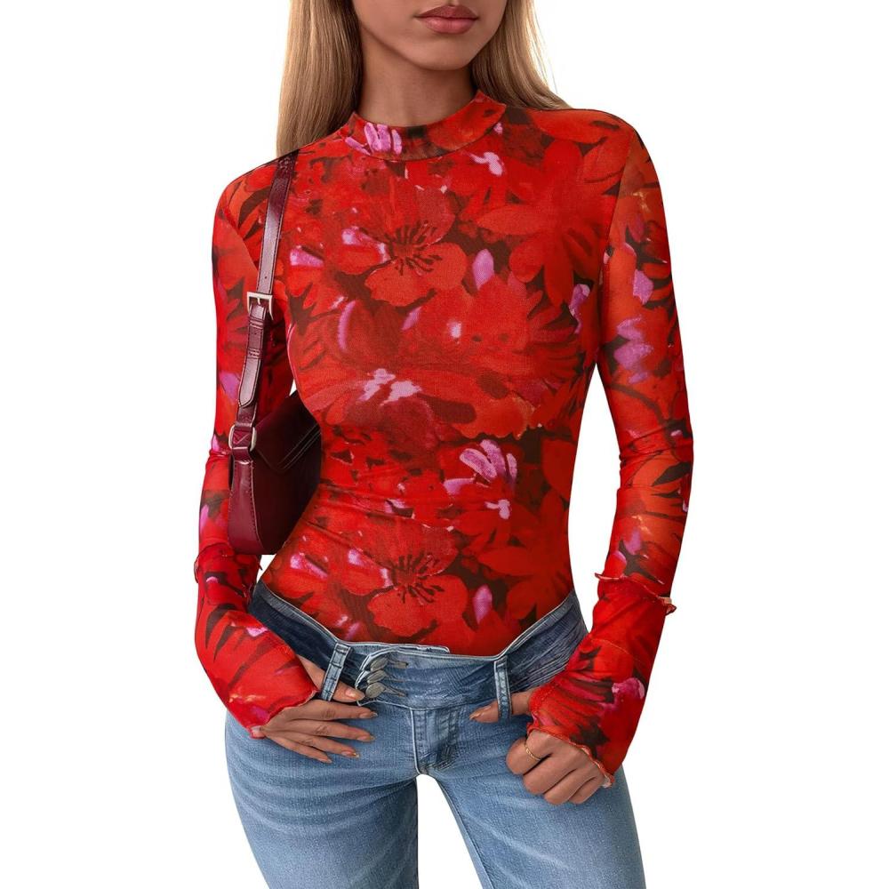 imagePRETTYGARDEN Womens Long Sleeve Going Out Tops 2026 Spring Y2K Clothes Mesh Floral Fitted Shirts Date Night OutfitFloral Orange Red