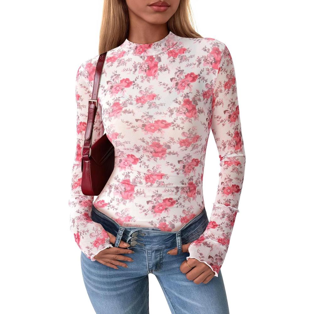 imagePRETTYGARDEN Womens Long Sleeve Going Out Tops 2026 Spring Y2K Clothes Mesh Floral Fitted Shirts Date Night OutfitFloral Pink