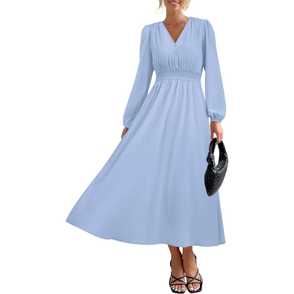 imagePRETTYGARDEN Womens Long Sleeve Maxi Dress 2025 Fall Trendy Elegant V Neck Flowy Wedding Guest Holiday Formal Long DressesLight Blue