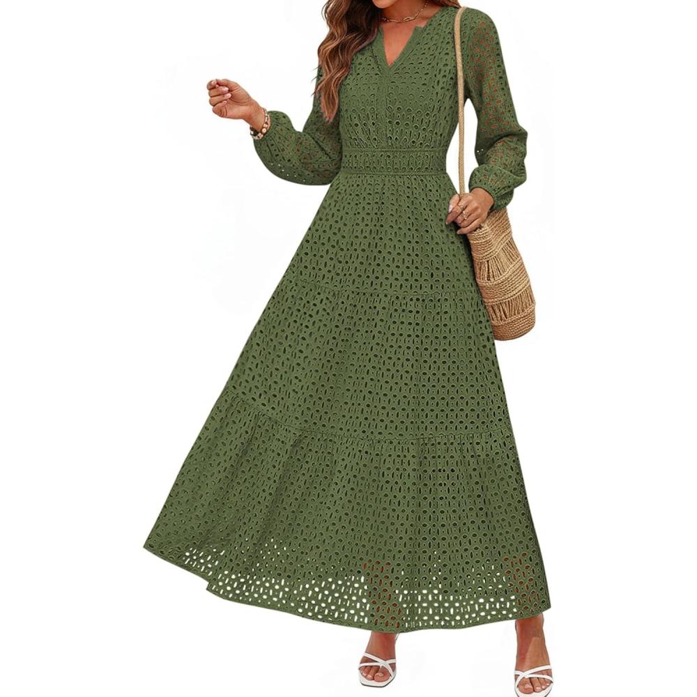 imagePRETTYGARDEN Womens Long Sleeve Maxi Dress V Neck Hollow Out Eyelet A Line Long Flowy 2026 Spring Wedding Guest DressesArmy Green
