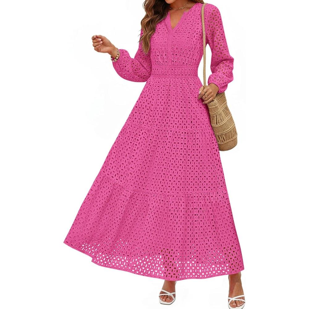 imagePRETTYGARDEN Womens Long Sleeve Maxi Dress V Neck Hollow Out Eyelet A Line Long Flowy 2026 Spring Wedding Guest DressesHot Pink