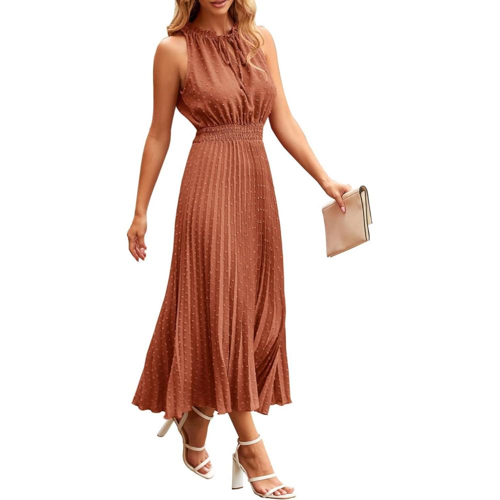 imagePRETTYGARDEN Womens Midi Summer Dresses Casual V Neck Swiss Dot Ruffle Sleeveless A Line Beach Sun DressBrick Red