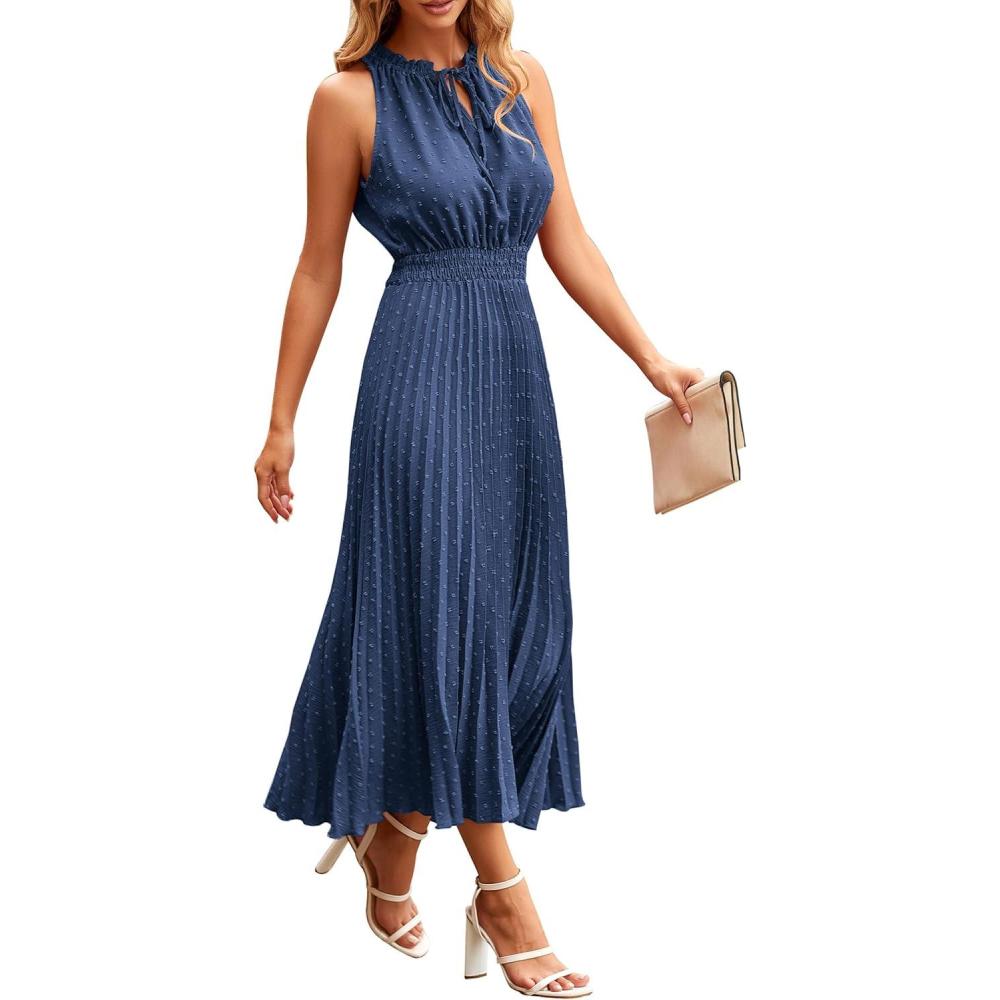 imagePRETTYGARDEN Womens Midi Summer Dresses Casual V Neck Swiss Dot Ruffle Sleeveless A Line Beach Sun DressGrey Blue