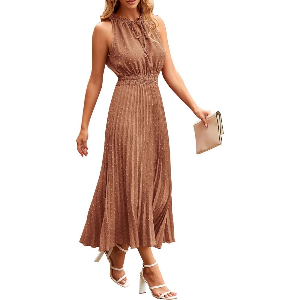 imagePRETTYGARDEN Womens Midi Summer Dresses Casual V Neck Swiss Dot Ruffle Sleeveless A Line Beach Sun DressKhaki