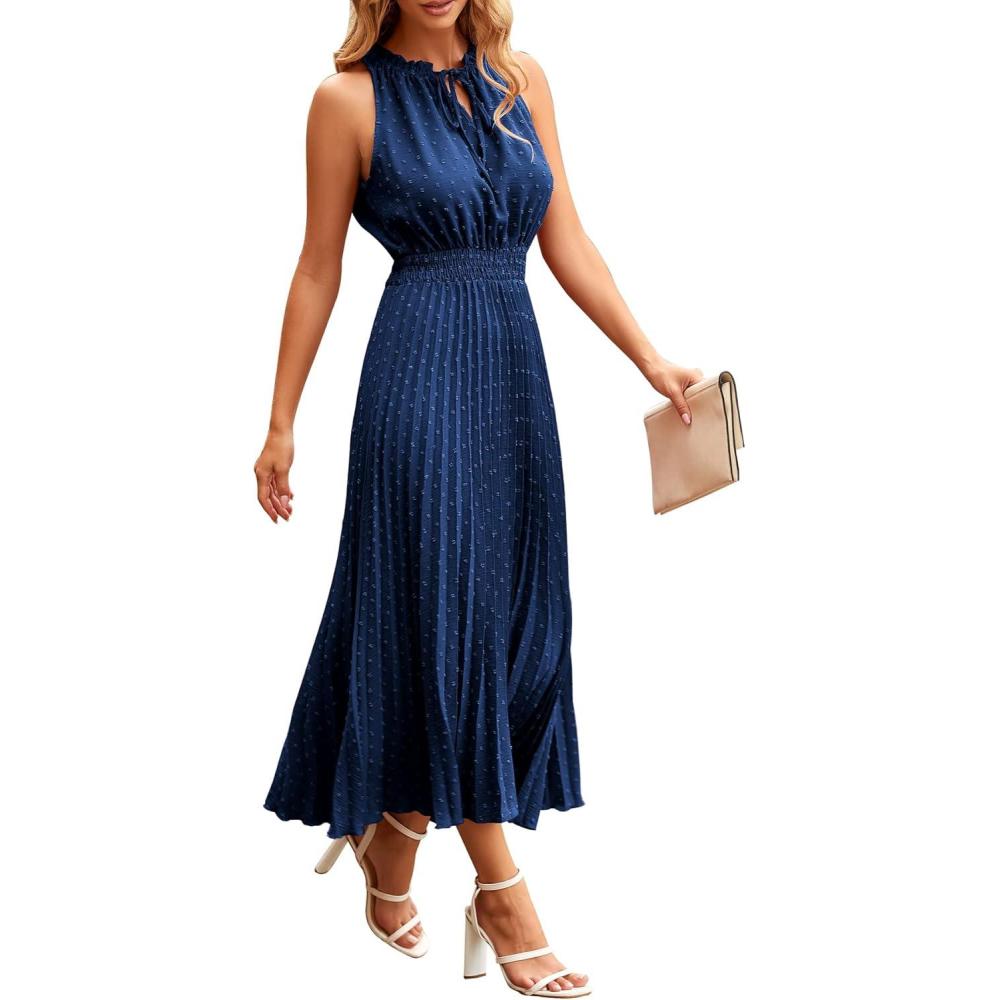 imagePRETTYGARDEN Womens Midi Summer Dresses Casual V Neck Swiss Dot Ruffle Sleeveless A Line Beach Sun DressNavy