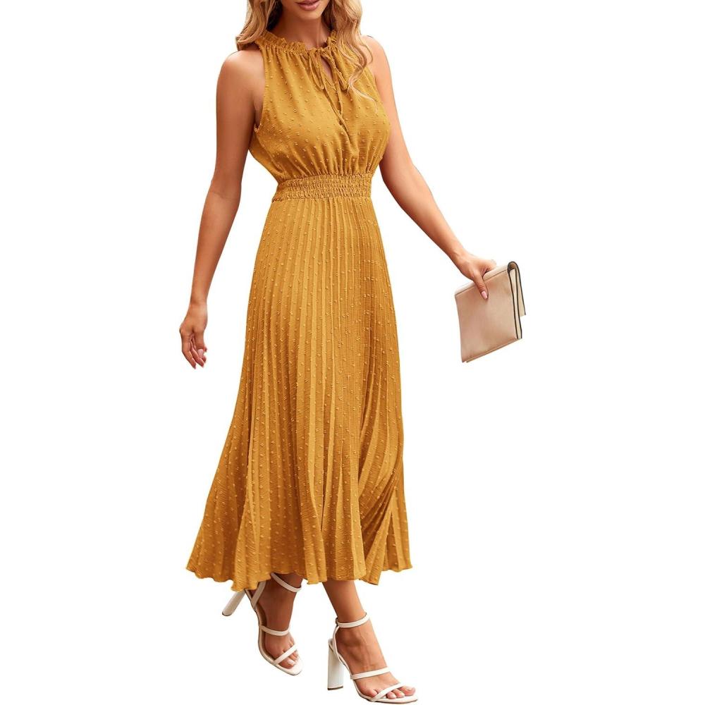 imagePRETTYGARDEN Womens Midi Summer Dresses Casual V Neck Swiss Dot Ruffle Sleeveless A Line Beach Sun DressTurmeric