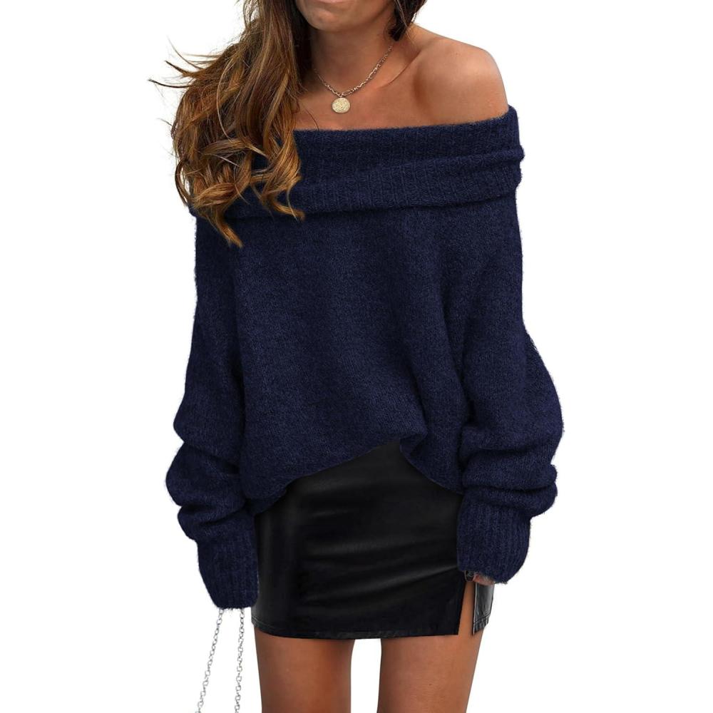 imagePRETTYGARDEN Womens Off The Shoulder Sweater Long Sleeve Tops 2025 Fall Loose Knit Pullover Sweaters Winter ClothesNavy