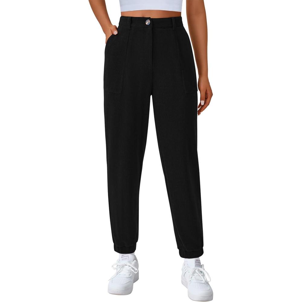 imagePRETTYGARDEN Womens Pants Dressy Casual 2025 Fall Elastic High Waisted Work Office Corduroy Trouser Slacks with PocketsBlack