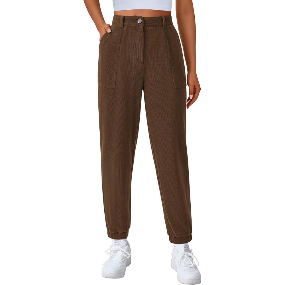 imagePRETTYGARDEN Womens Pants Dressy Casual 2025 Fall Elastic High Waisted Work Office Corduroy Trouser Slacks with PocketsBrown