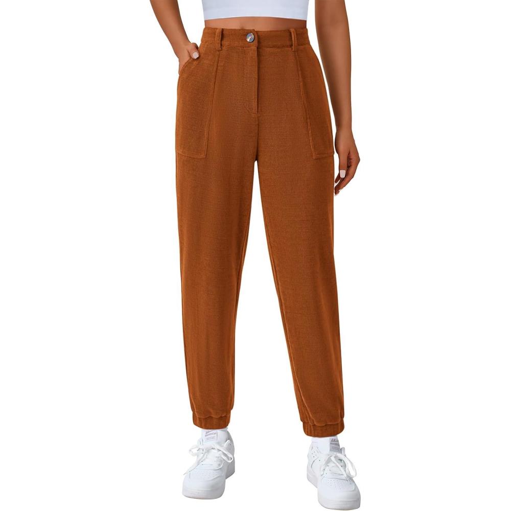 imagePRETTYGARDEN Womens Pants Dressy Casual 2025 Fall Elastic High Waisted Work Office Corduroy Trouser Slacks with PocketsBrown Yellow