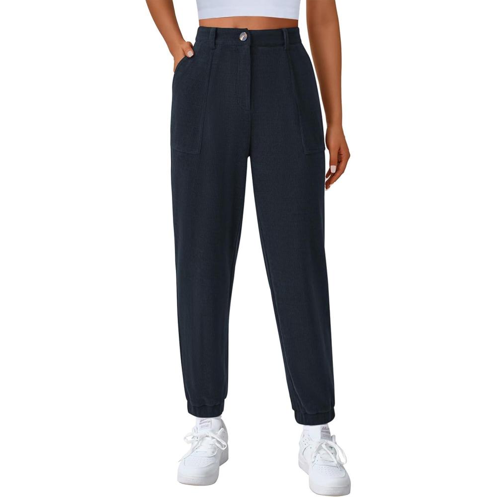 imagePRETTYGARDEN Womens Pants Dressy Casual 2025 Fall Elastic High Waisted Work Office Corduroy Trouser Slacks with PocketsNavy